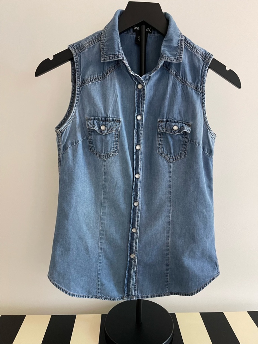 Sleeveless Button-Front Light Denim Shirt